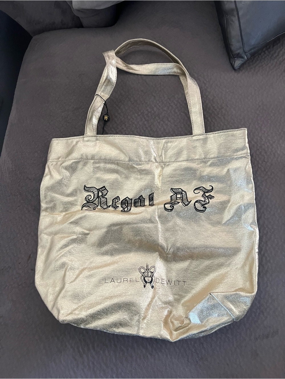 Laurel Dewitt Metallic Gold Tote with 'Regal AF' Script